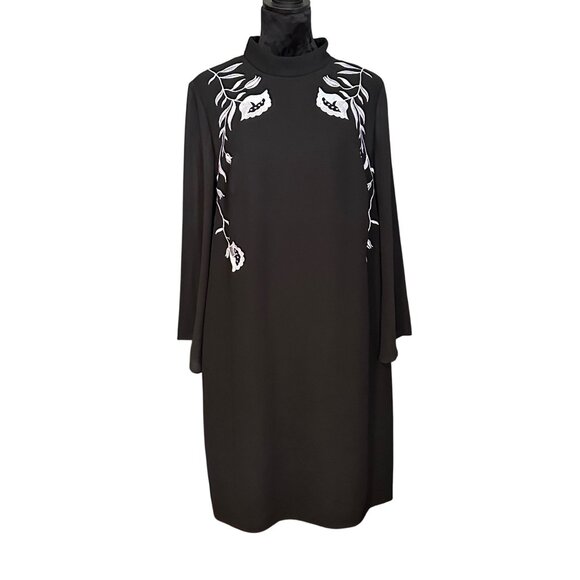 SLNY Dress Size 16W Black Mock Neck White Floral Embroidery Long Sleeve Formal - Picture 1 of 12